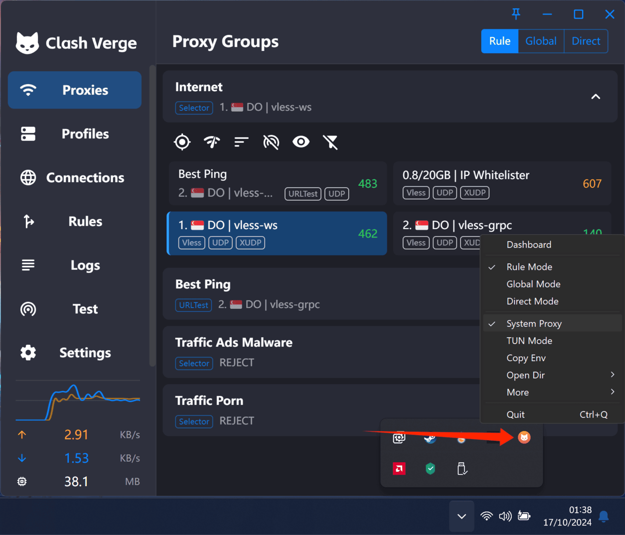 System Proxy berhasil terhubung