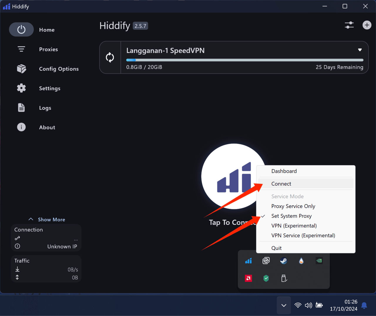 Klik "Set System Proxy" kemudian klik "Connect"