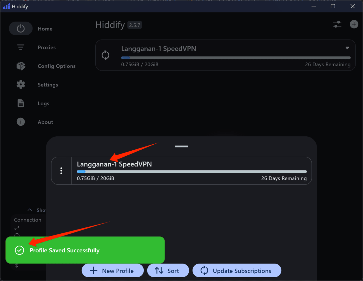 Config berhasil di-import ke Hiddify